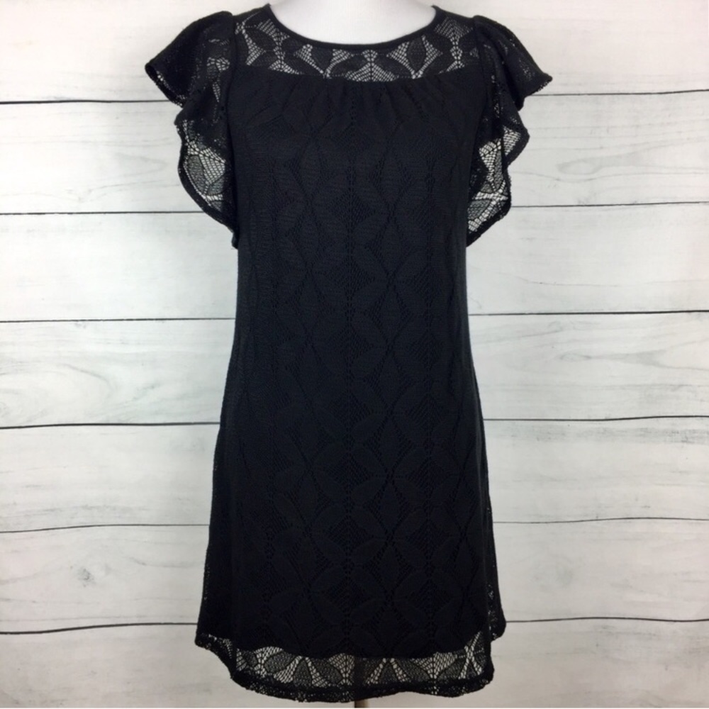 Ella Moss Black Crochet Lace Ruffle Sleeve Dress